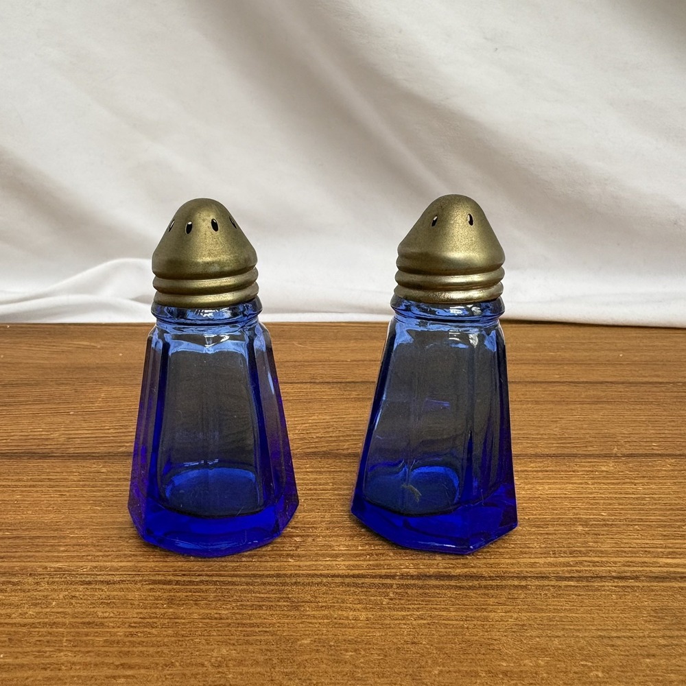 Vintage Cobalt Blue Glass 3" Salt and Pepper Shakers Octogon Shaped